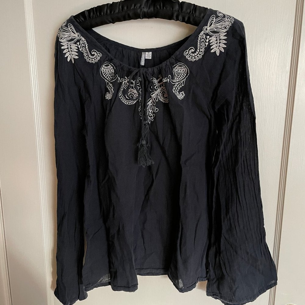 RIPCURL blue embroidered gathered scoop neck  top